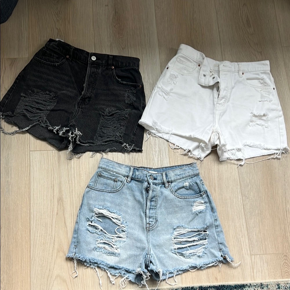 3 Distressed Denim Shorts - Black, White, and Blue